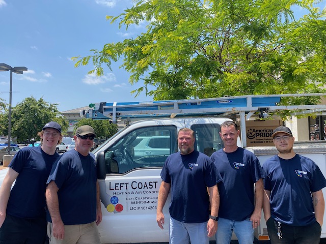 The Left Coast Air crew of five in company shirts standing in front of the Left Coast Air service truck